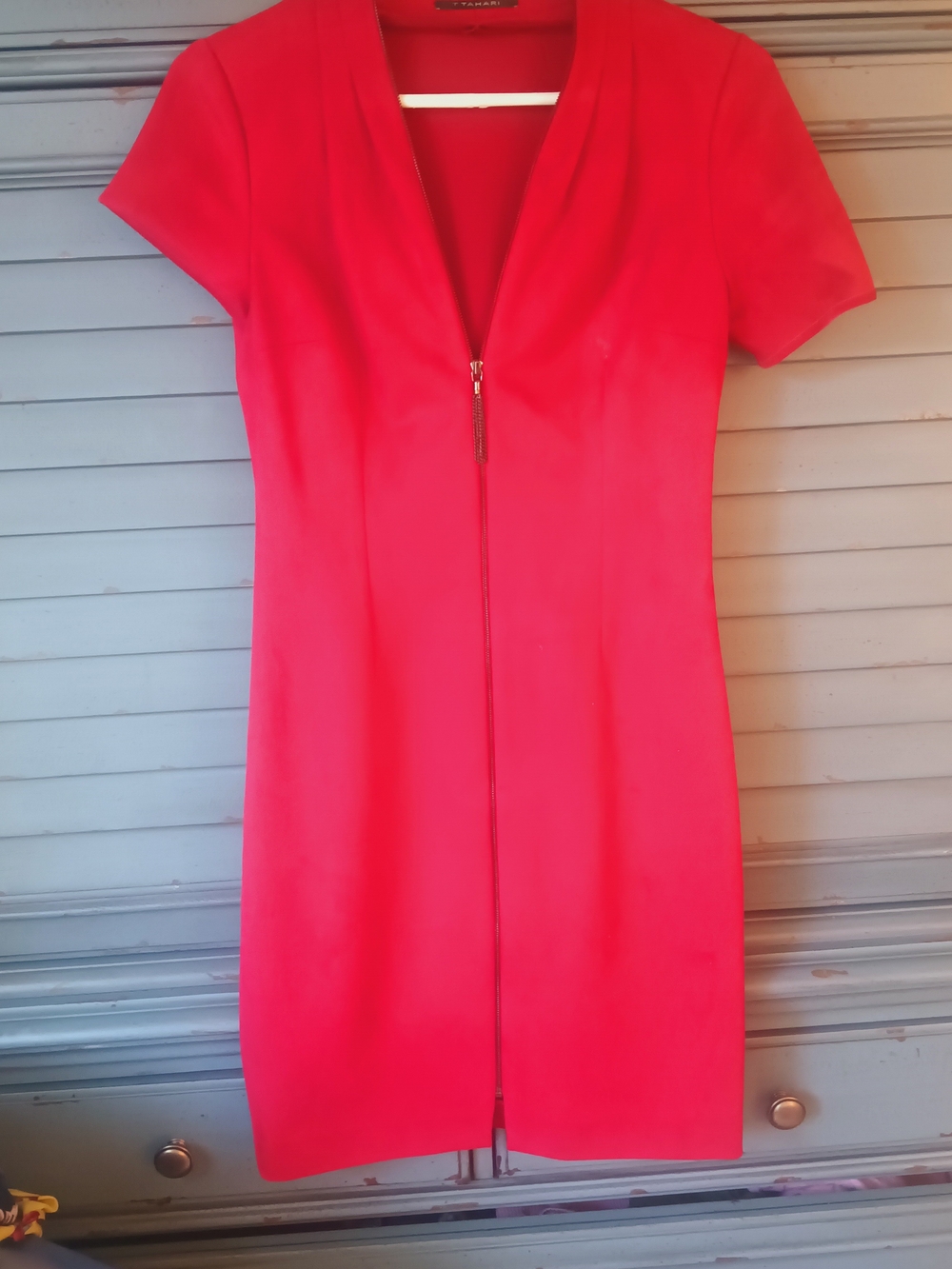 T Tahari Bright Red Short-Sleeve Zip-Front Sheath Dress